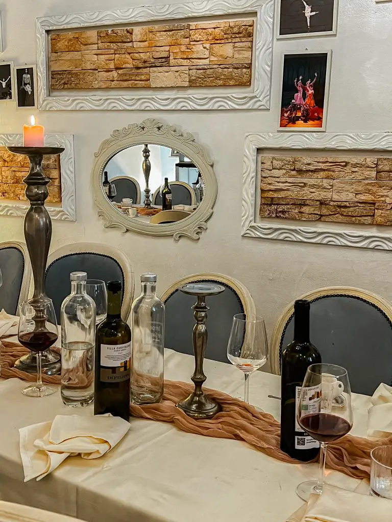 The lunch table after lunch at Il Tempio del Gusto in Spoleto, Italy. 
