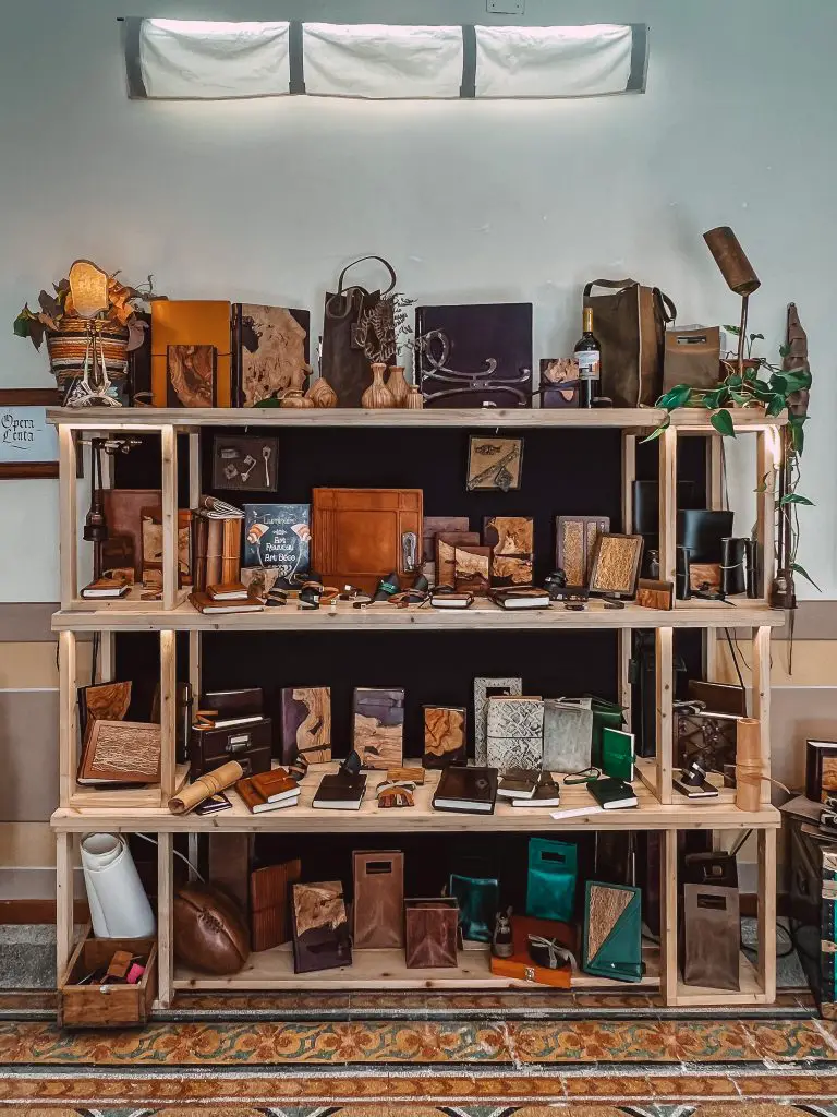 Interior of Opera Lènta leather shop in Spoleto, Italy.