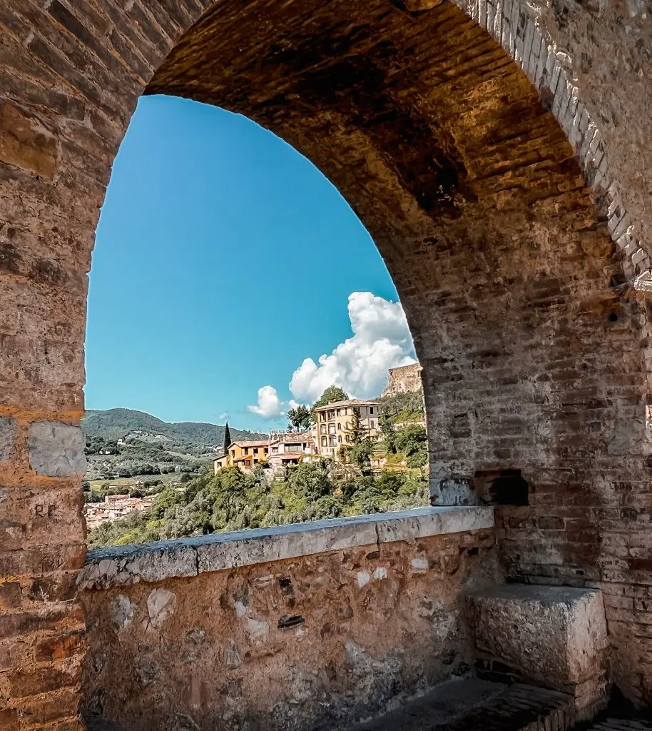 View of Spoleto from Ponte delle Torri in Spoleto, Italy.