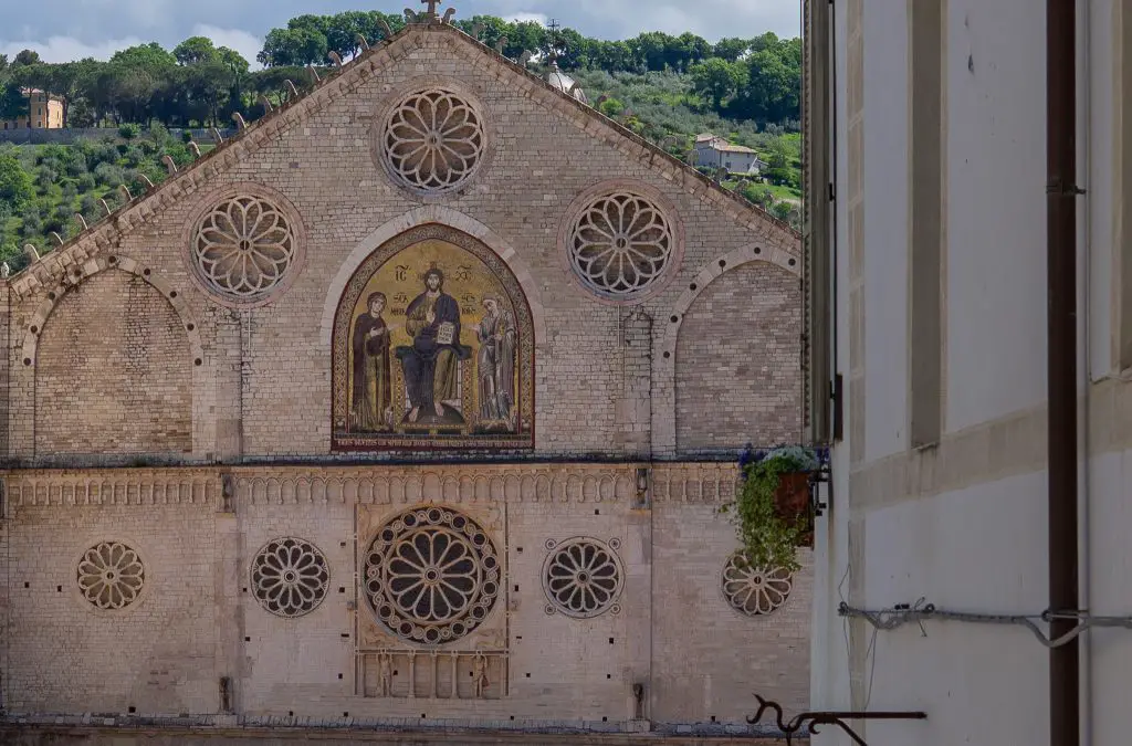 Close up of the front of the Spoleto Cathedral in Spoleto, ITaly.
