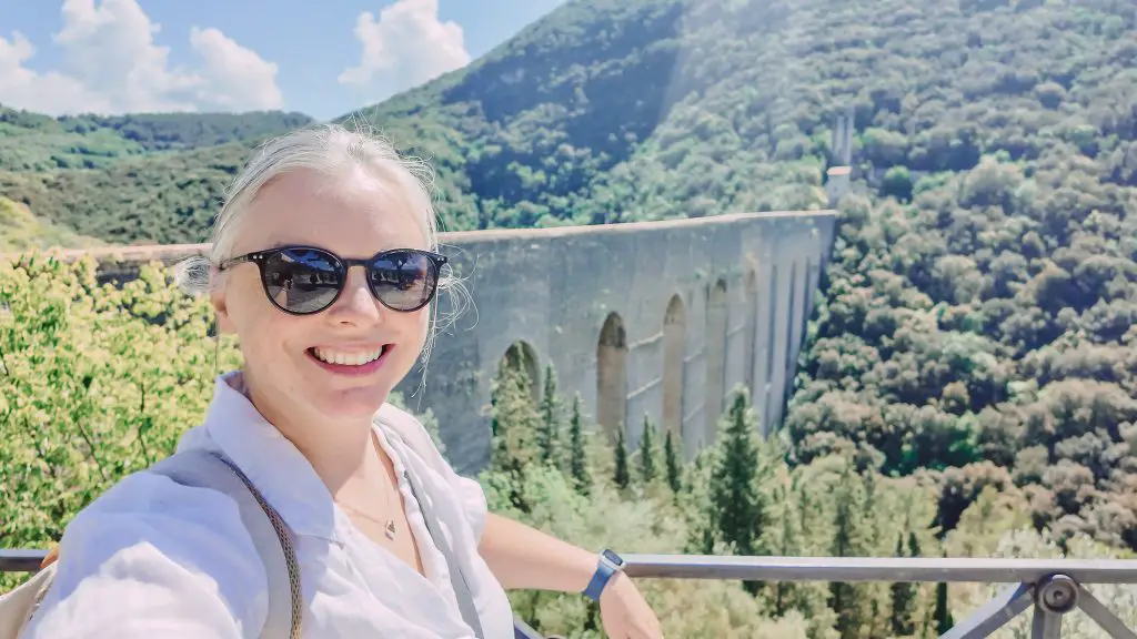 Me in front of the Ponte delle Torri in Spoleto, Italy.