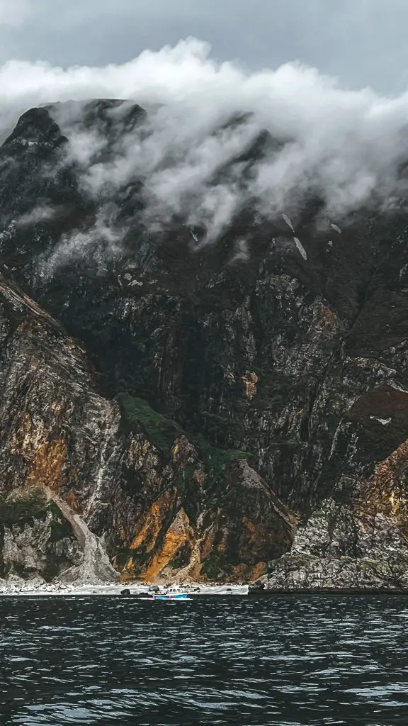 The cliffs of Slieve League seen from a boat in Donegal, Ireland.
