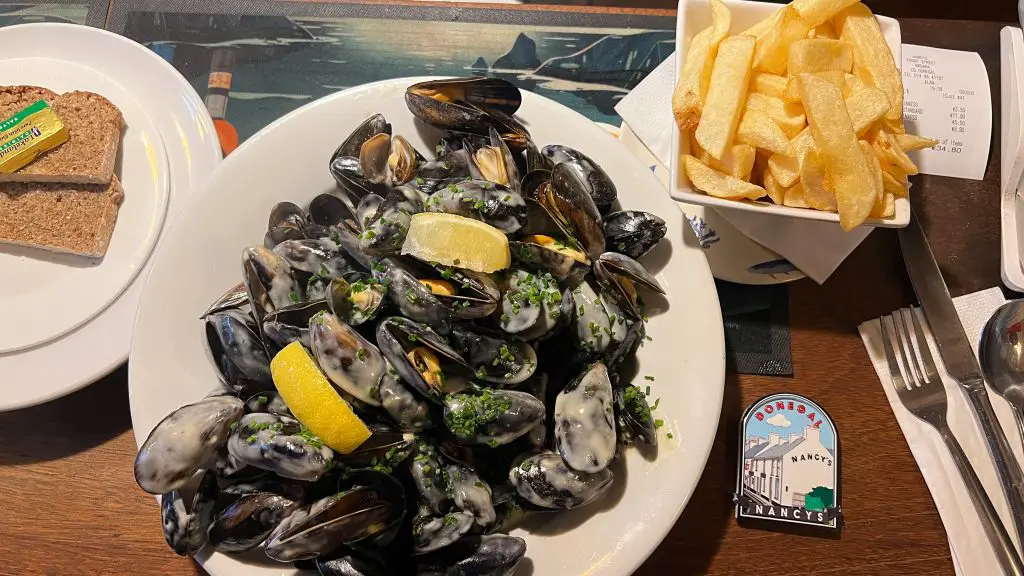 Plate of mussels and fries from Nancy's Bar in Donegal, Ireland.