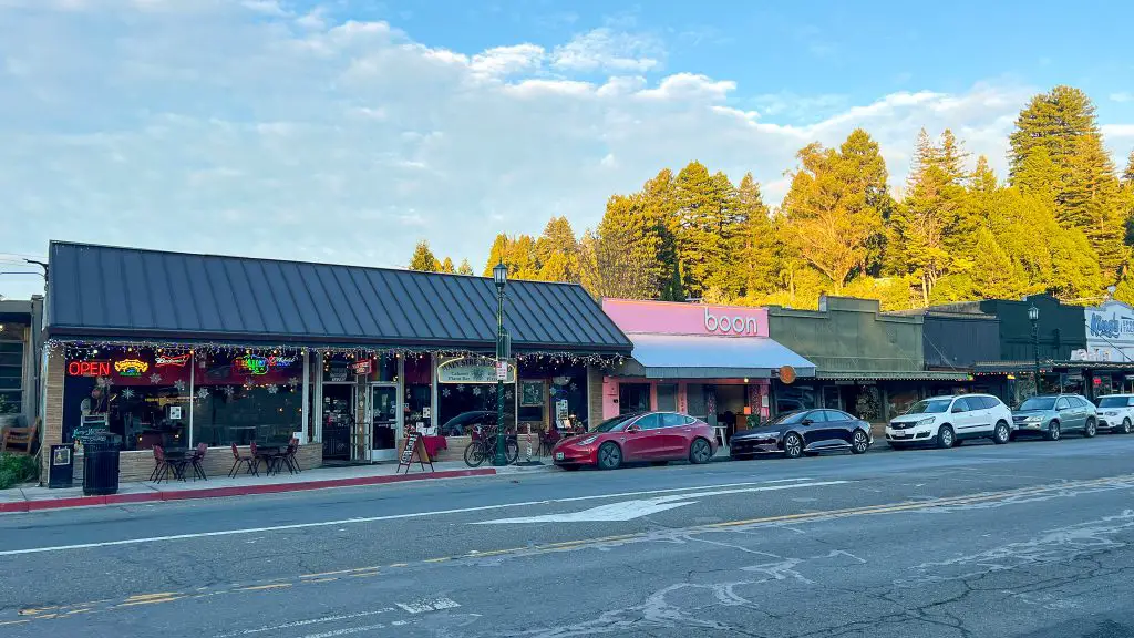 Downtown Guerneville shops and restaurants on River Road.