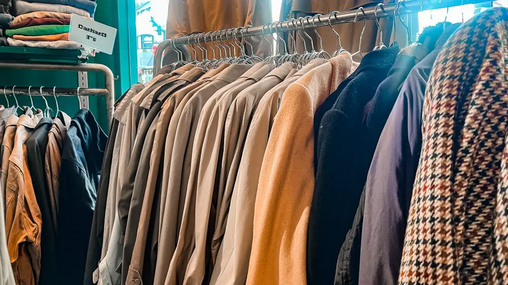 Rack of coats at a thrift store in Tokyo, Japan.