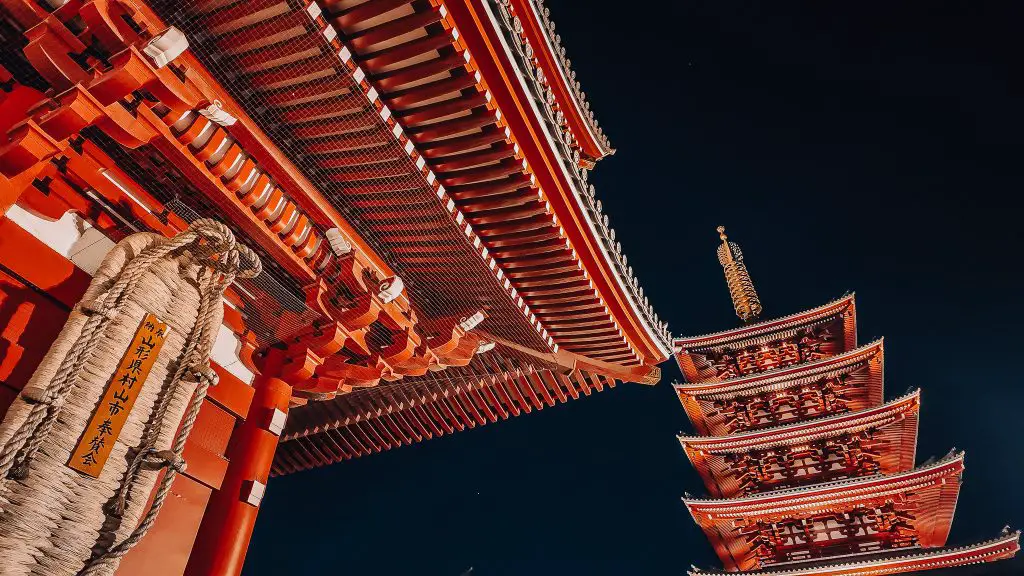 Senso-ji Temple at night in Tokyo, Japan.