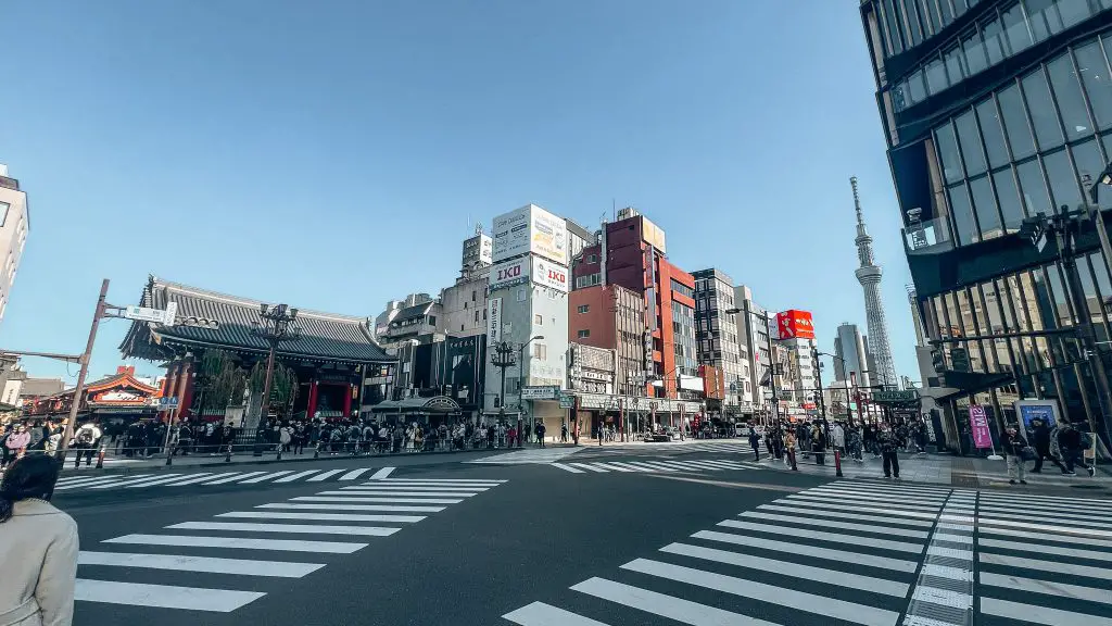 Asakusa neighborhood in Tokyo Japan with view of Tokyo SkyTree and Senso-ji temple.