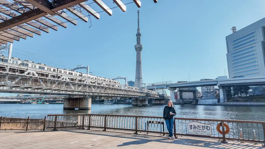 Me on the Tokyo river front with Tokyo Skytree in the distance.
