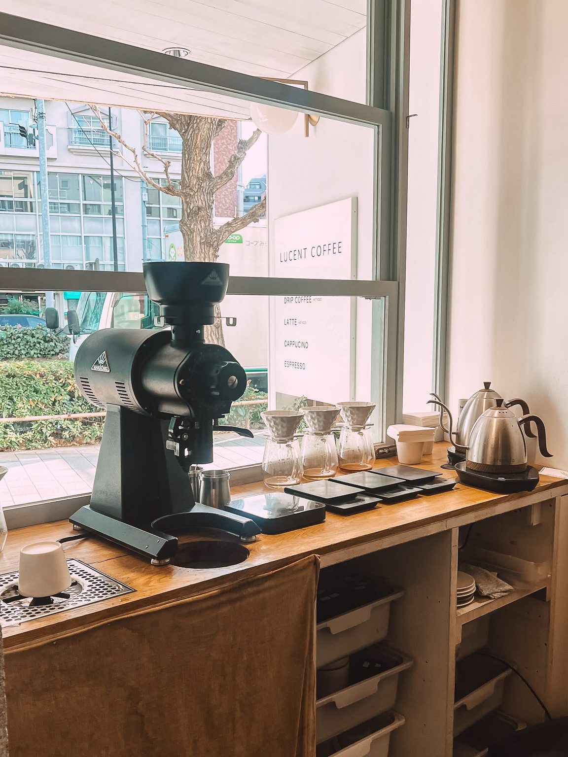 Coffee window at Lucent Coffee in Tokyo, Japan.