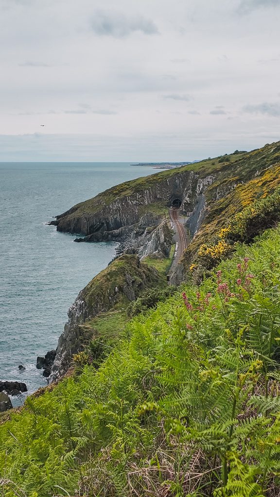 Green rugged coastline with train tracks leading into a mountain and teal blue water in Bray, Ireland.