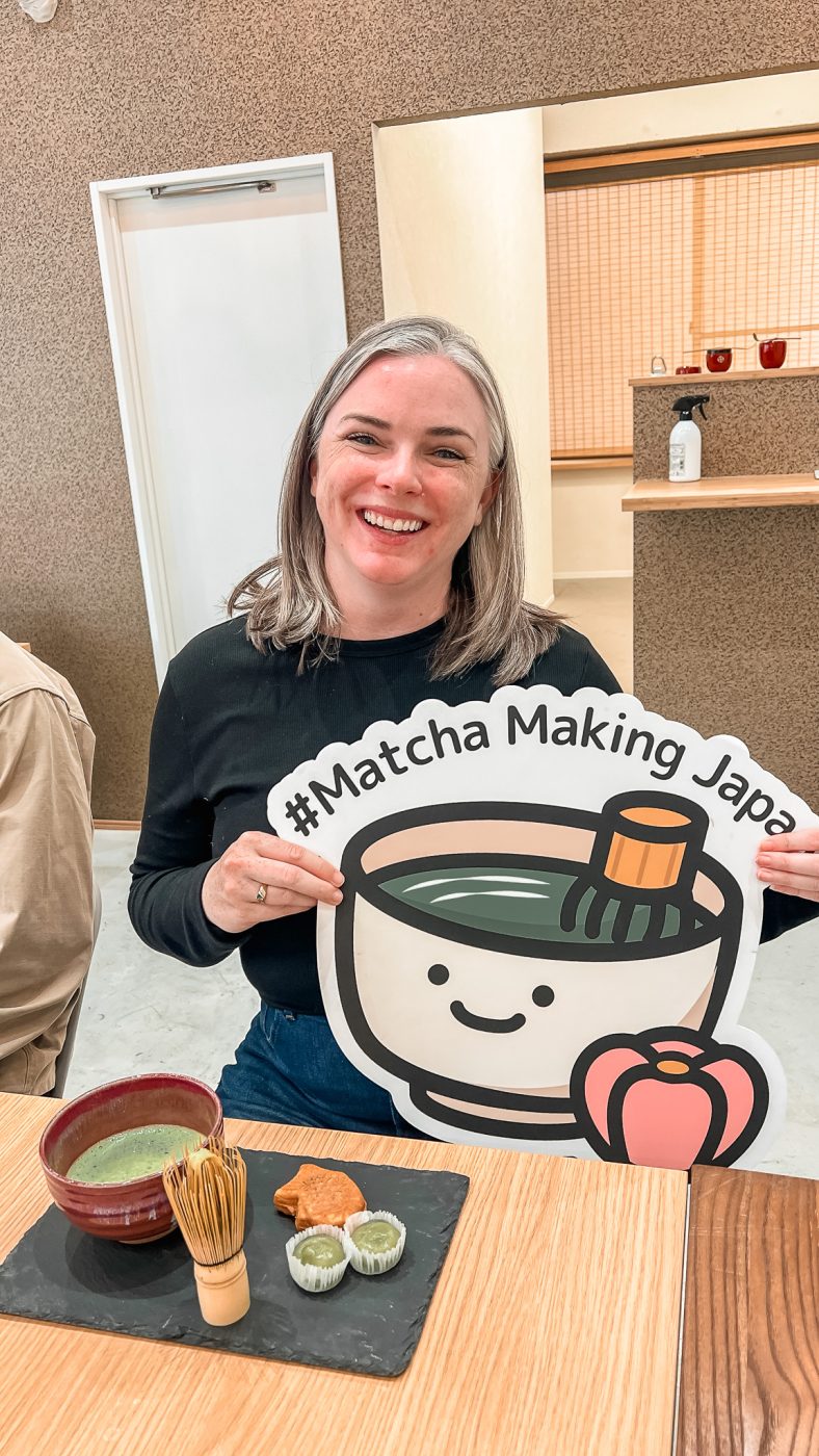 Katie at a matcha making class in Tokyo, Japan.