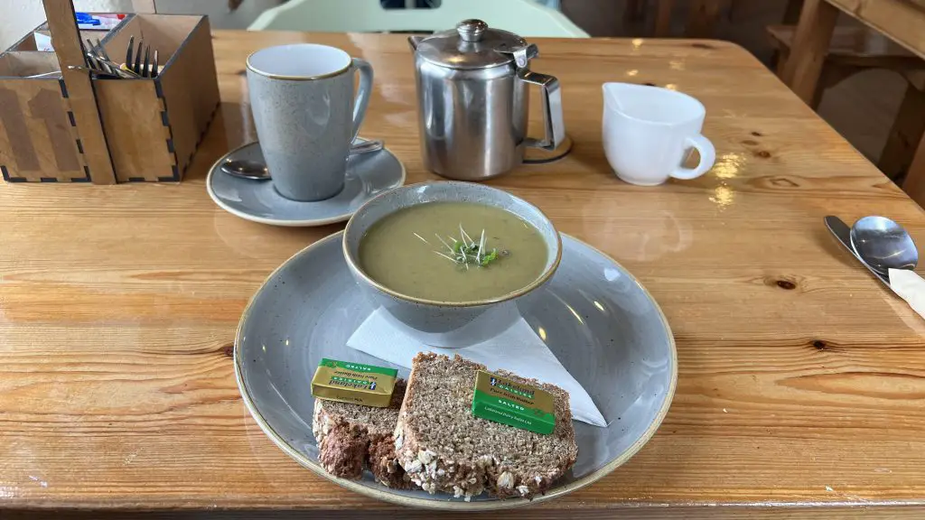 Bowl of soup on a plate with bread for lunch on Achill Island, Ireland.