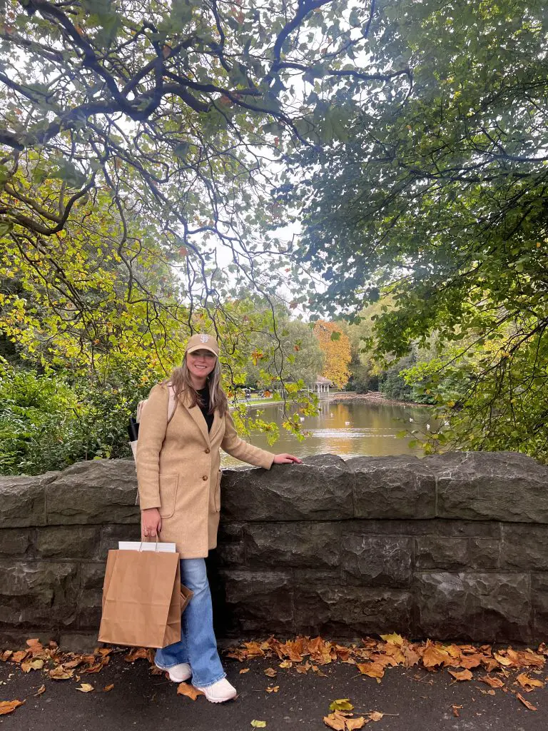 Katie wearing a camel pea coat in Dublin, Ireland.