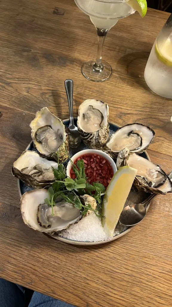 Plate of oysters with a cocktail at dinner in Clifden, Ireland.