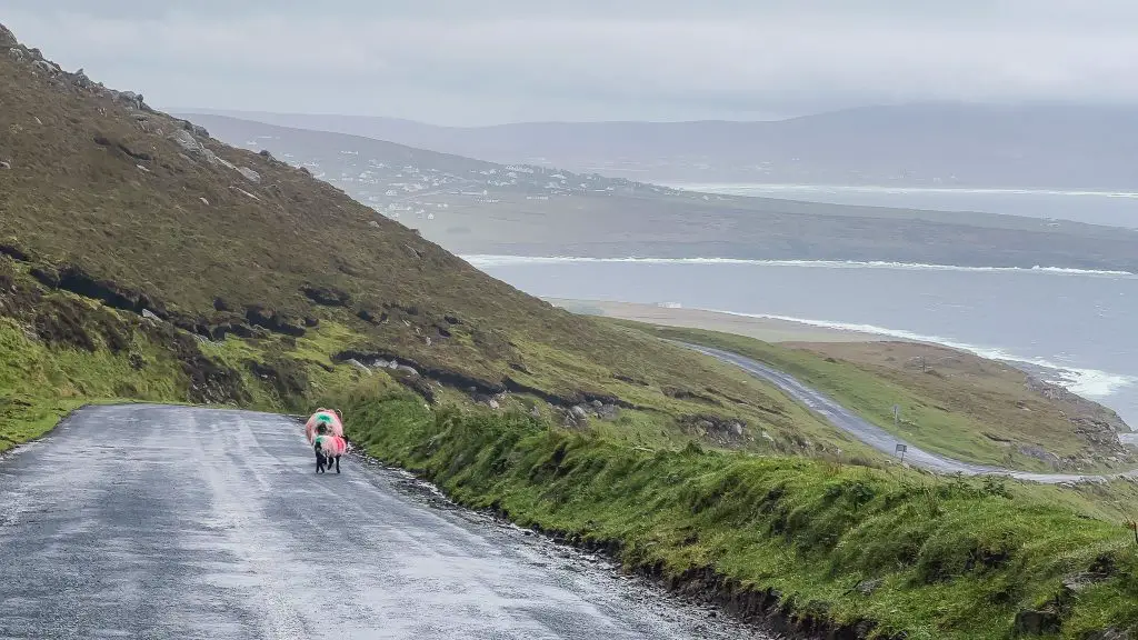 Windy mountain road on Achill Island Ireland with sheep.