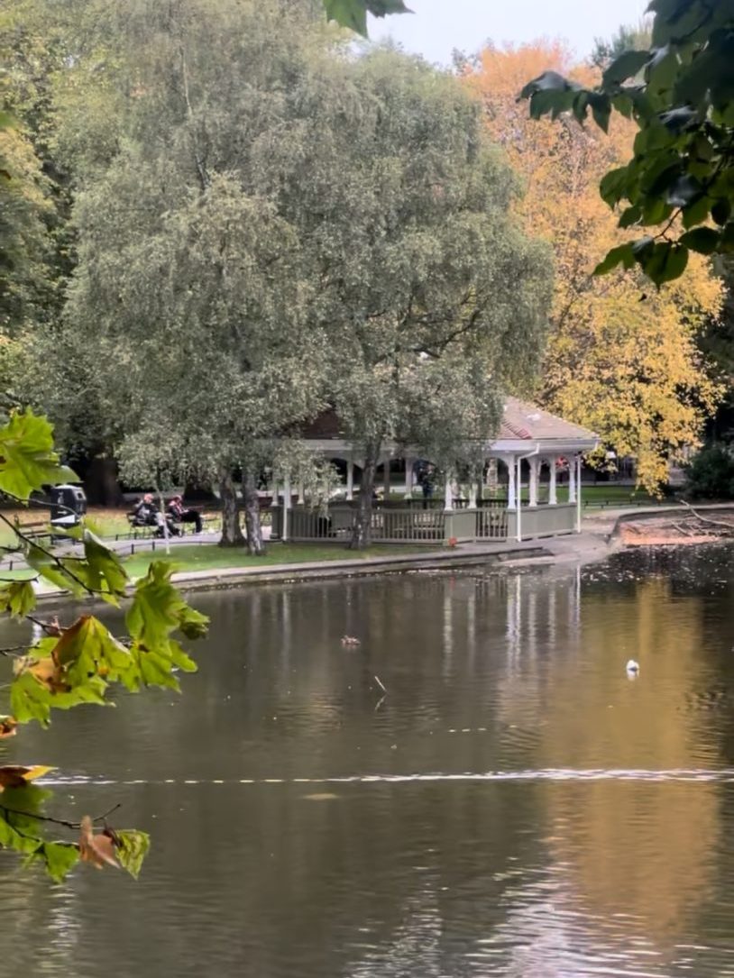 The lake in St. Stephen&rsquo;s Green surrounded by trees and walking paths in central Dublin.