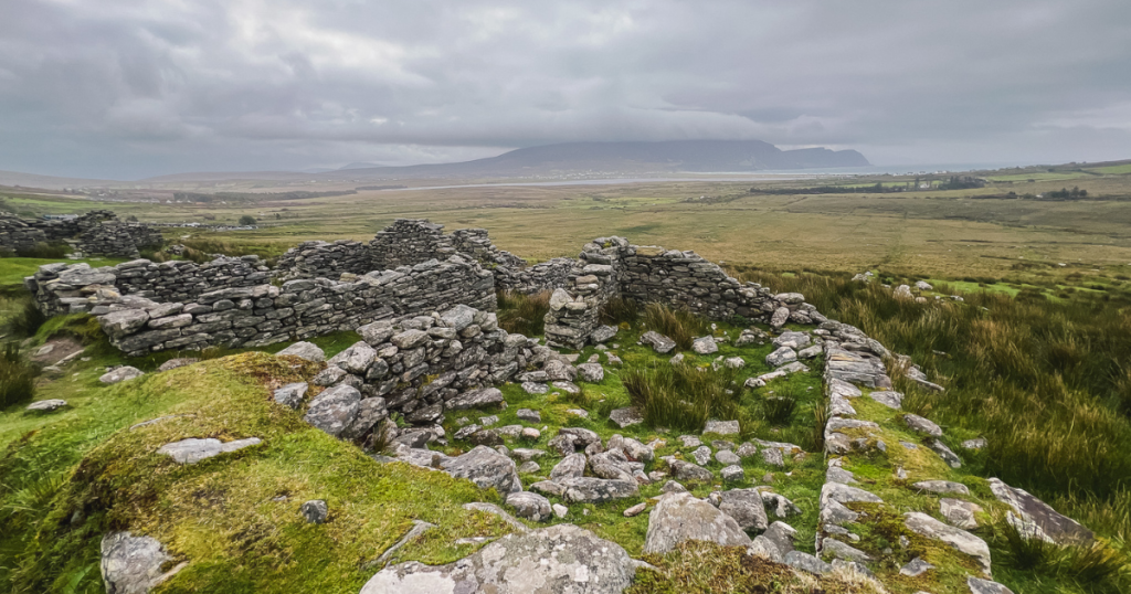 Ruined stone houses from the deserted Slievemore Village on Achill Island.