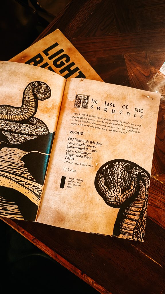 Menu of a cocktail shop that describes what is in the Legend of the Serpents Cocktail.